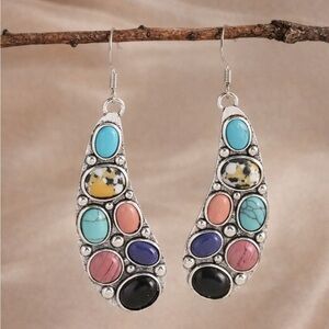 Vintage Natural Stones Earrings – Turquoise Coral Onyx Gem Dangles
